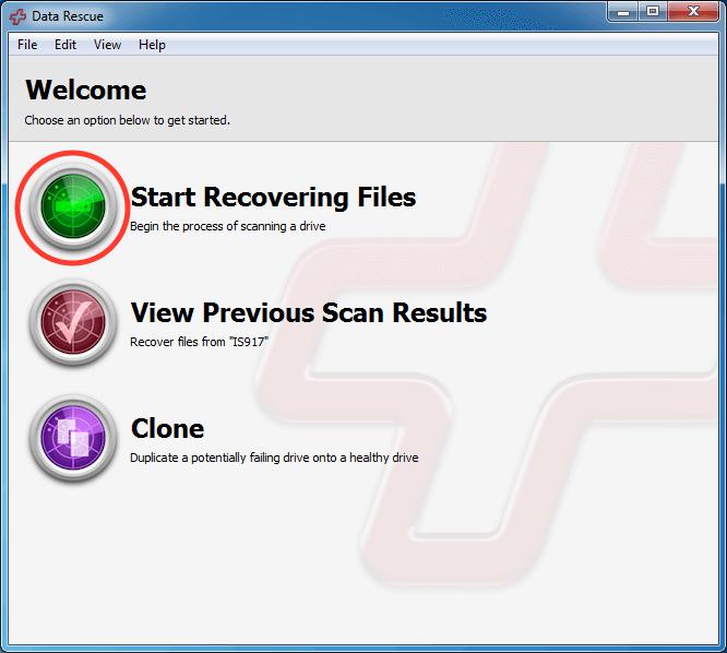 Select ‘Start Recovering Files’ from the Welcome screen.