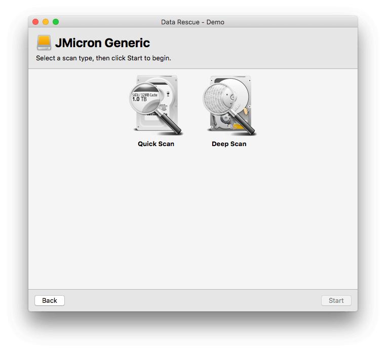 Scan Type window within Data Rescue for mac.