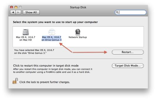 Open the System Preferences / Startup Disk and select the boot Drive Genius 3 DVD and restart your Mac.