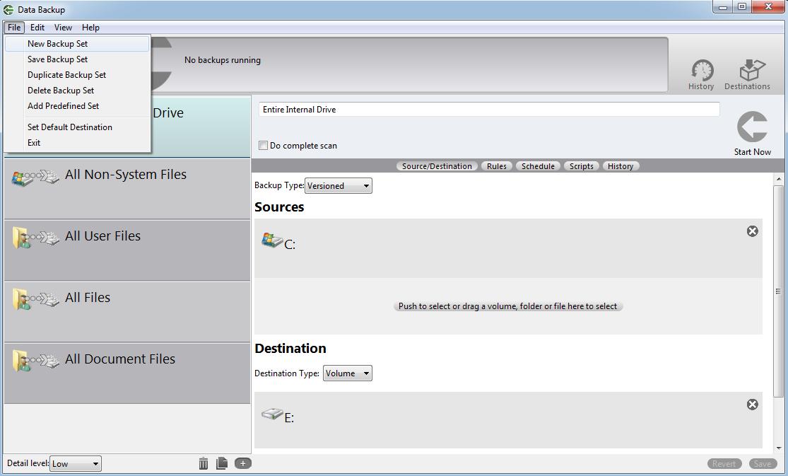 Create a new backup set by pressing the plus icon in the bottom left of the Data Backup window.