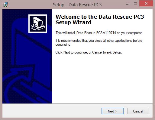 This is what the window will look like if you were installing Data Rescue PC3.