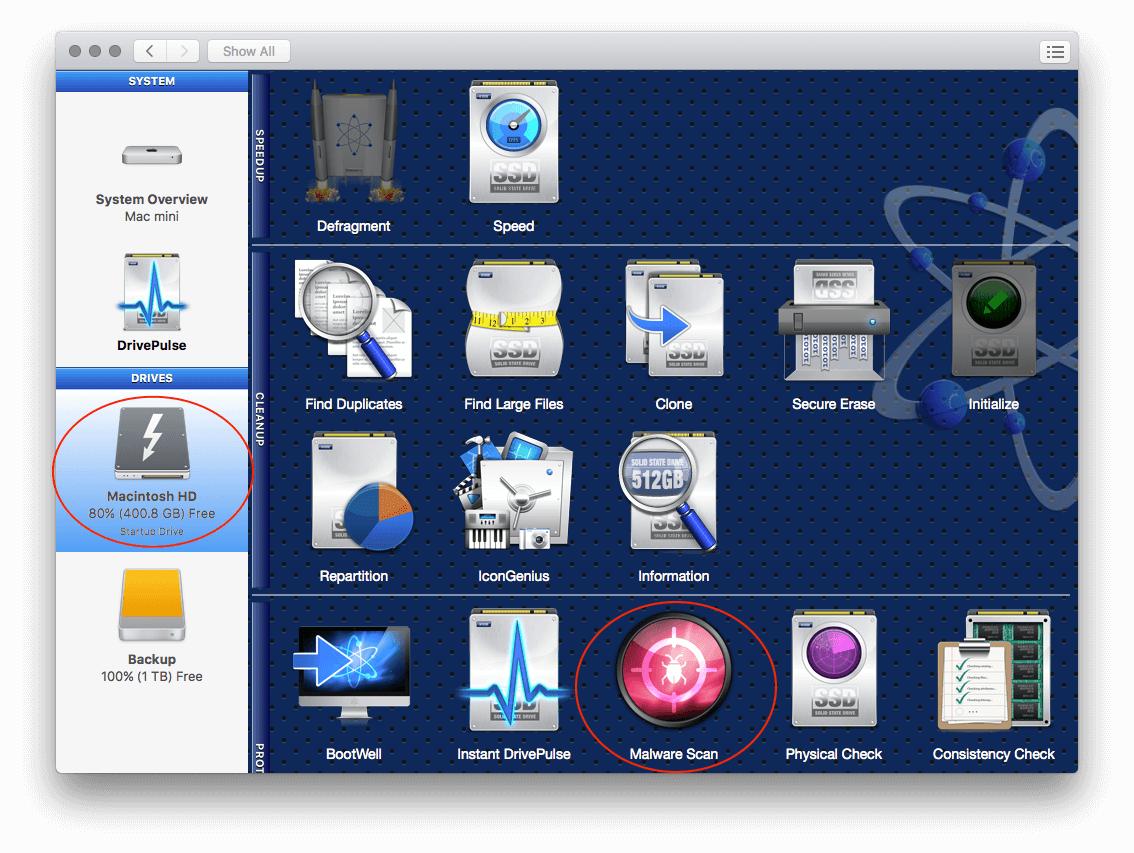 Select the drive you’d like to scan for malware from the left of the Drive Genius window.