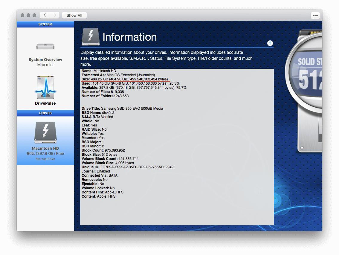 The drive Size will be listed near the top of this information.