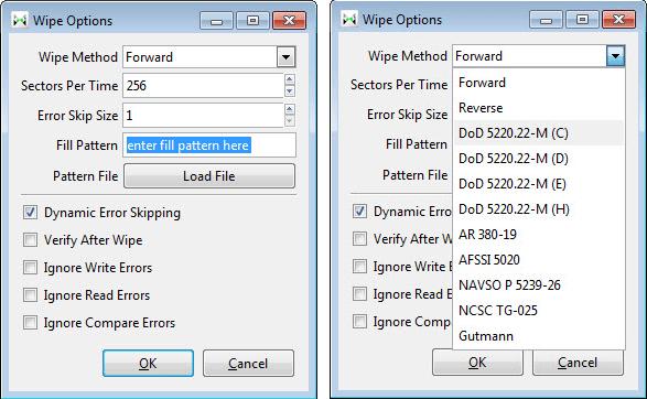You can enter a custom fill pattern, add a verify and other options or chose a Wipe preset from the “Wipe Method” drop down menu.