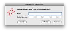 Enter your name and serial number and click “Activate”If you are evaluating Data Rescue 3 click “Demo”.