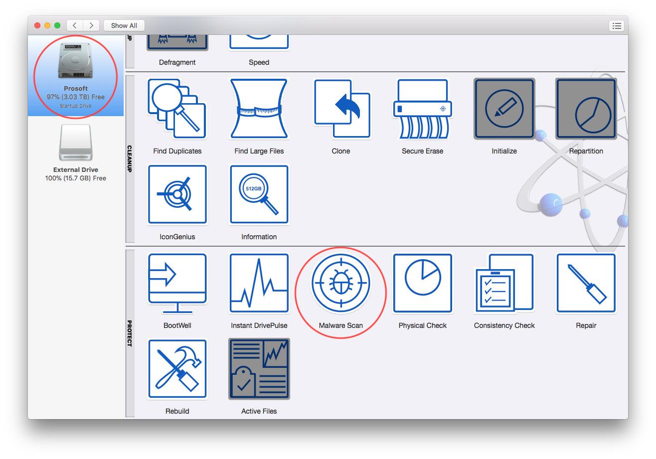 Select the drive you’d like to scan for malware from the left of the Drive Genius window.