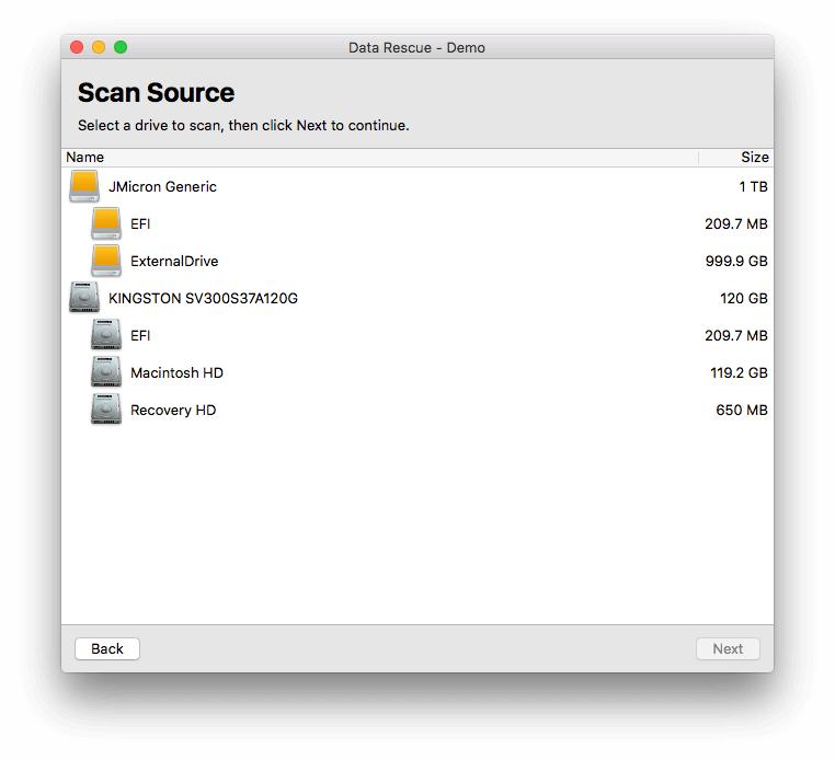 Scan Source window within Data Rescue for Mac.