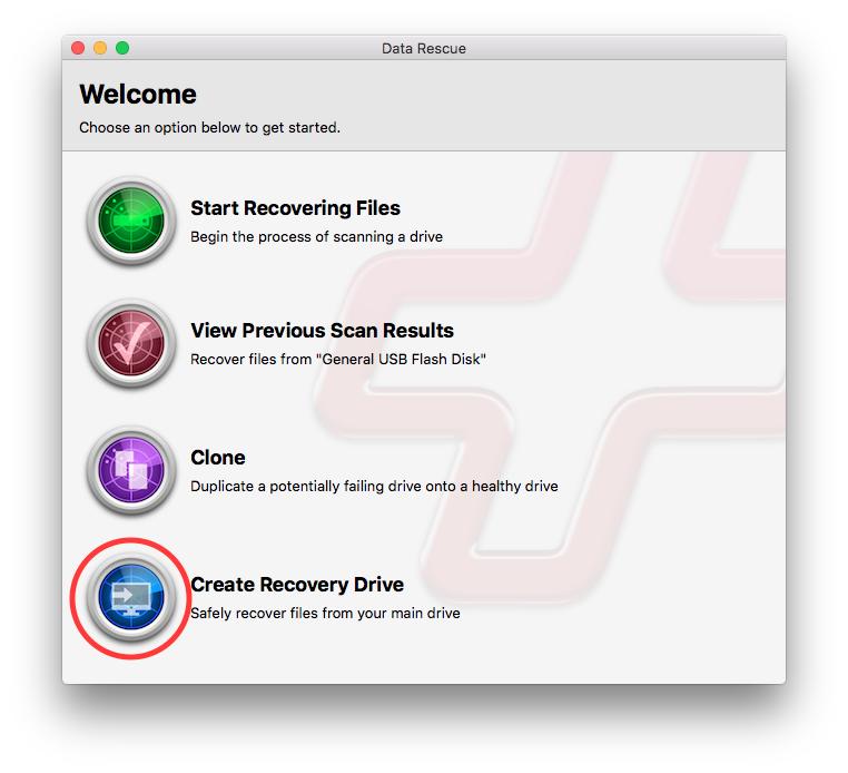 Data Rescue Welcome Screen with the Recovery Drive Creation tool selected.