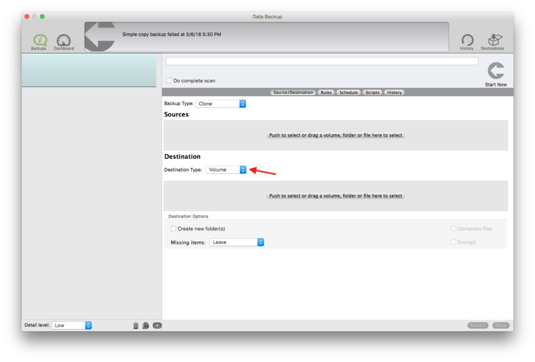Select the Destination Type —> Volume.