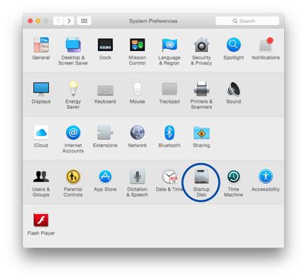 When the System Preferences window opens, on the fourth row, select “Startup Disk”.