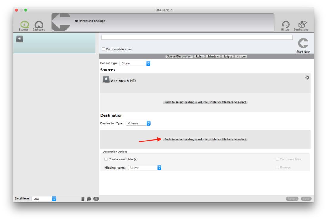 Within Destination, select the drive you would like to backup to.