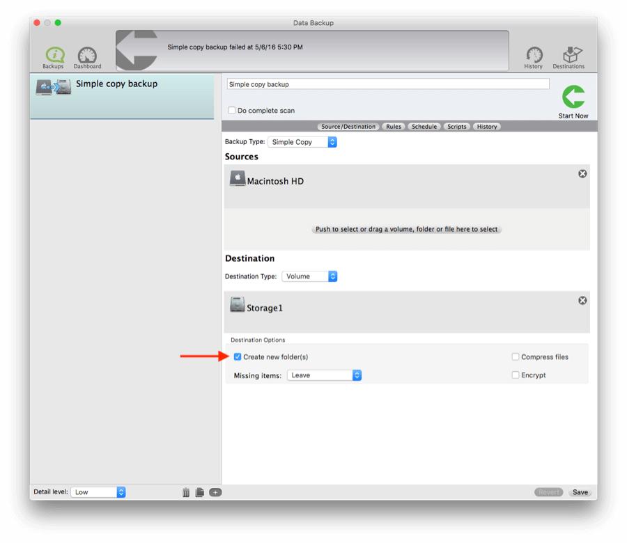 Within Destination Options, check mark the box “Create new folder(s)".