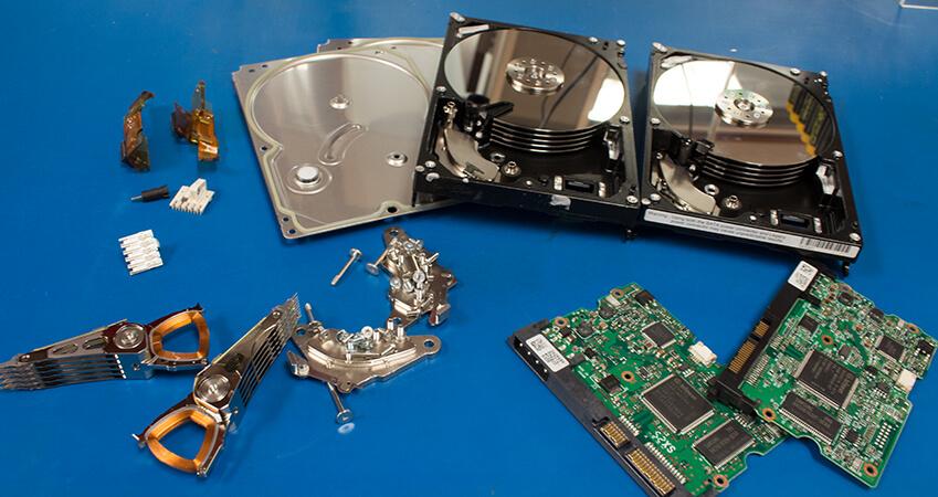 Showing a deconstructed hard drives with all major components spread out.