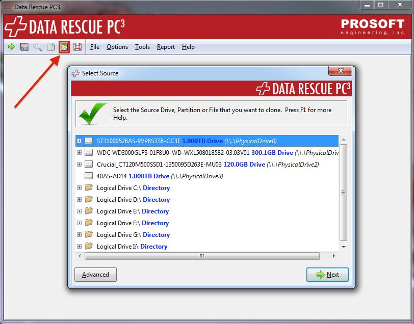 Click on the Clone button & select the Source Drive (Problem Drive).