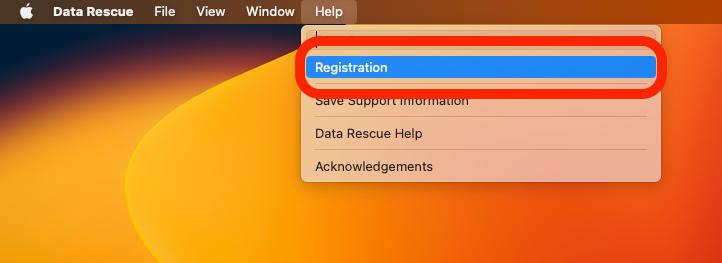 Indicating the Registration Option within the Data Rescue Help Drop down menu