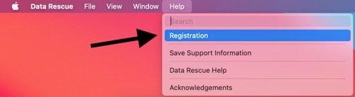 Indicating the Registration Option within the Data Rescue Help Drop down menu