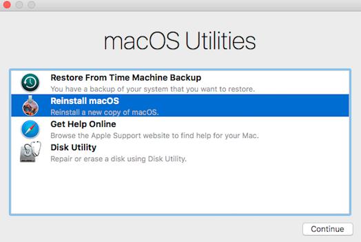 Showing the recovery boot menu within macOS.