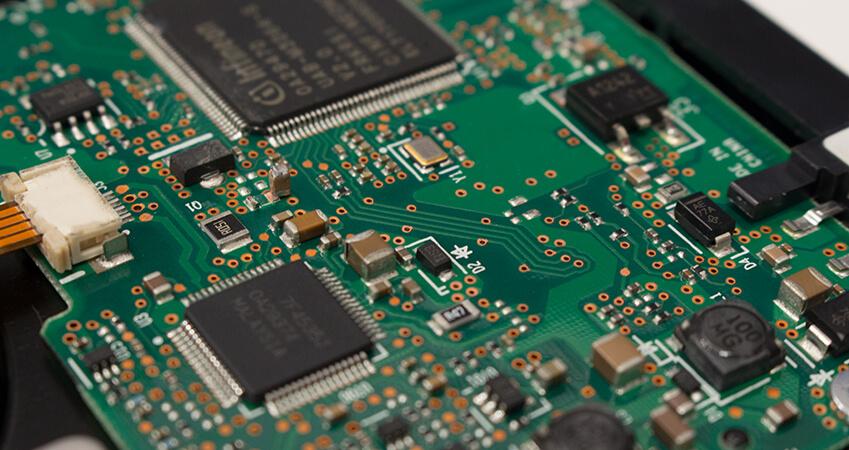 Showing the logic board of a mechanical hard drive.