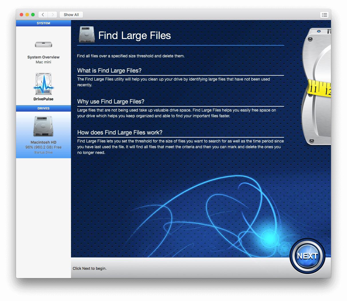 Find Large Files Utility info screen within Drive Genius.