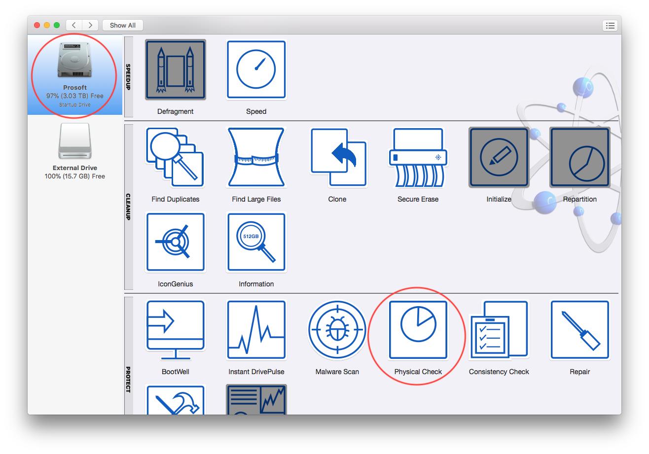 Select the drive from the left of the Drive Genius Window.