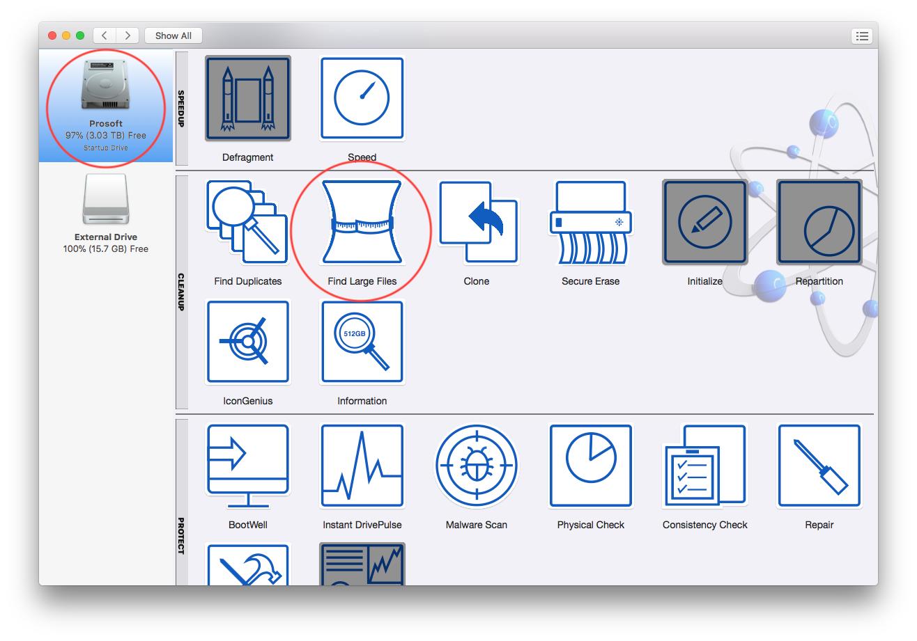 The Find Large Files utility can be accessed by selecting the drive from the left of the Drive Genius Window.