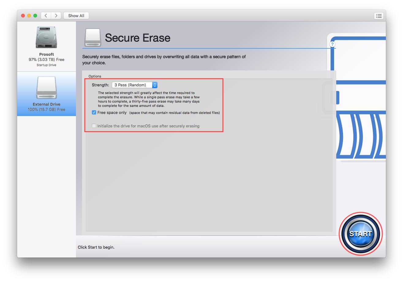 Select your desired secure erase options and click the ‘Start’ button.