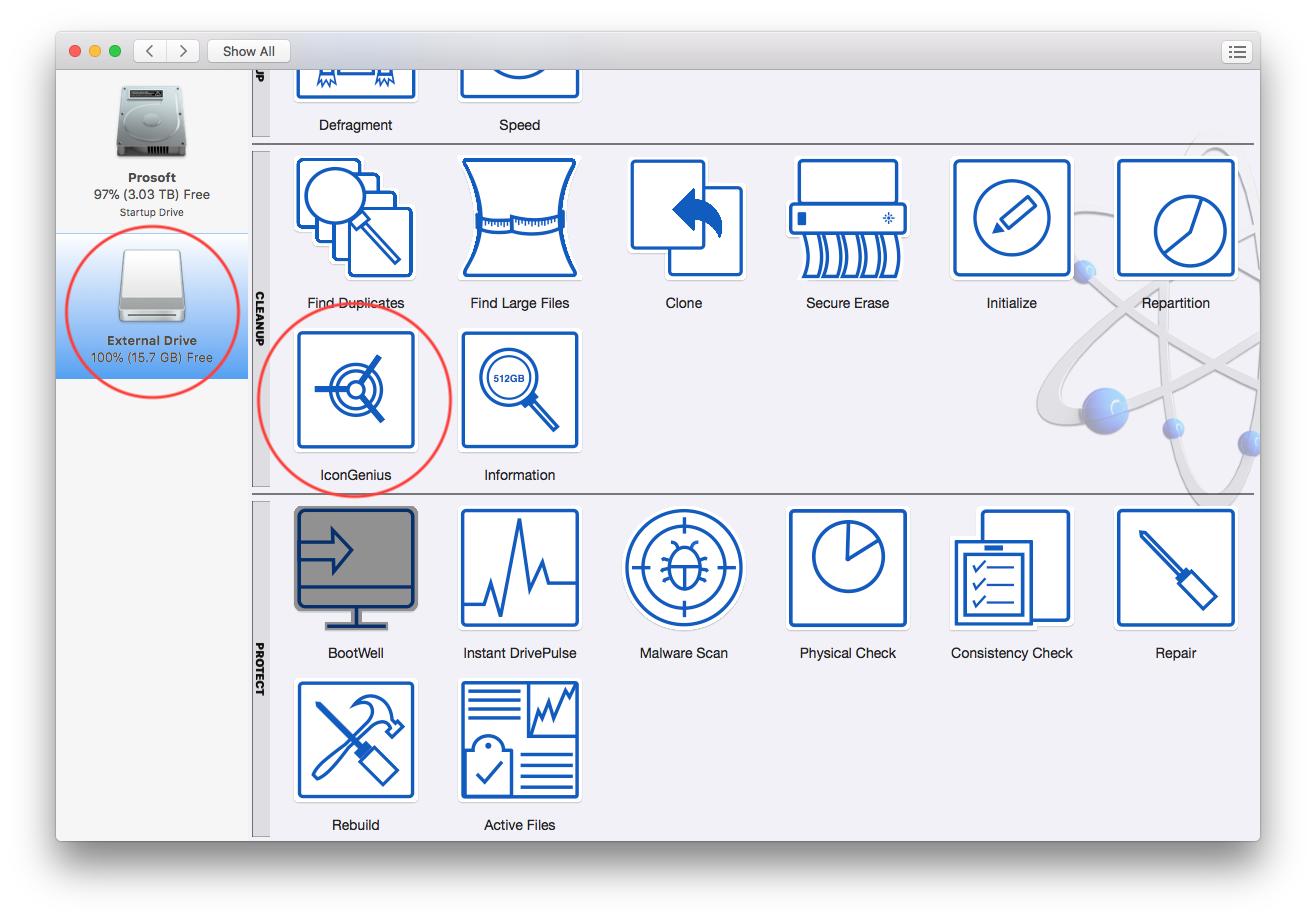 1. Select your desired drive on the left. 2. Select IconGenius feature.