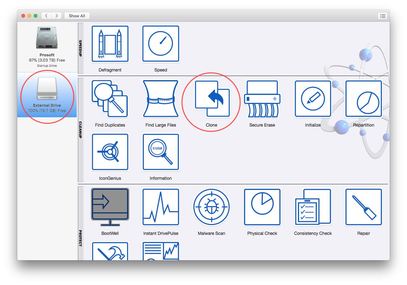 Select the source drive from the left of the Drive Genius Window.
