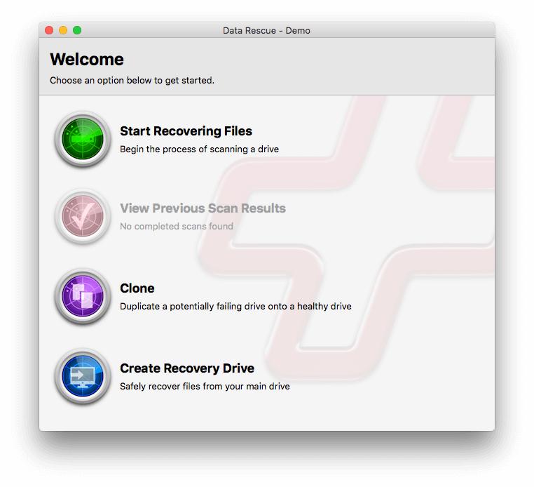 Data Rescue Welcome Screen Window.