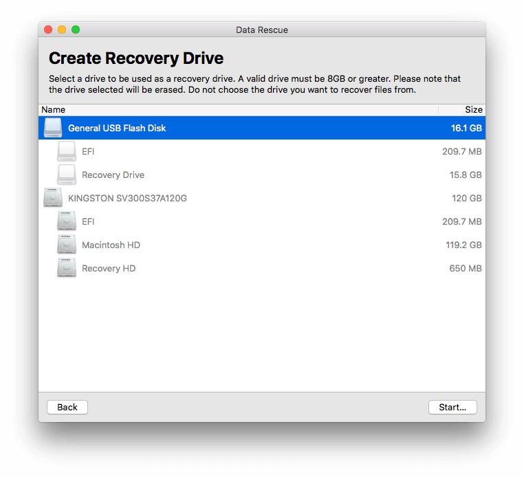 Select a drive to be used as your recovery drive. It must be 8GB or greater.
